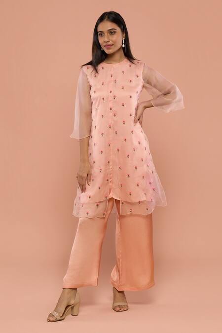 Buy_Mayu Kothari_Peach Organza Hand Embroidered Roses Kurta And Palazzo Set _Online_at_Aza_Fashions