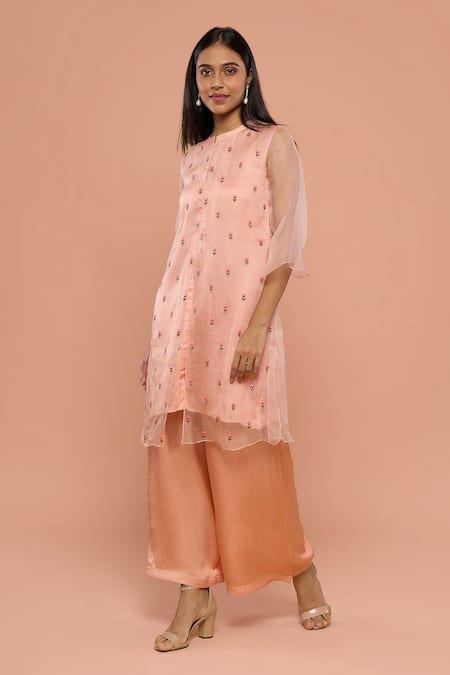 Shop_Mayu Kothari_Peach Organza Hand Embroidered Roses Kurta And Palazzo Set _Online_at_Aza_Fashions