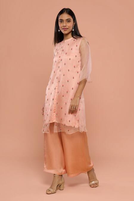Buy Mayu Kothari Peach Organza With Shantoon Hand Embroidered Roses Kurta Online at Aza Fashions Buy_Mayu Kothari_Peach Organza With Shantoon Hand Embroidered Roses Kurta _Online_at_Aza_Fashions