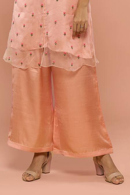 Mayu Kothari_Peach Organza Hand Embroidered Roses Kurta And Palazzo Set _at_Aza_Fashions