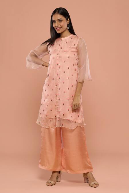 Shop Mayu Kothari Peach Organza With Shantoon Hand Embroidered Roses Kurta Online at Aza Fashions Shop_Mayu Kothari_Peach Organza With Shantoon Hand Embroidered Roses Kurta _Online_at_Aza_Fashions