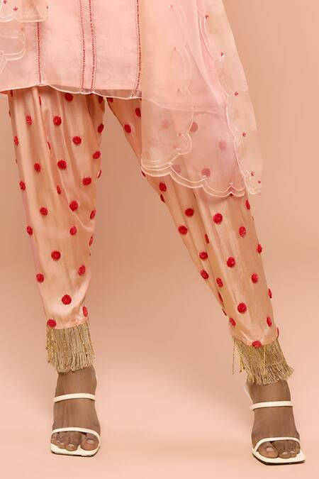 Mayu Kothari_Peach Satin Modal Hand Embroidered Polka Dots Patiala Pant _Online_at_Aza_Fashions