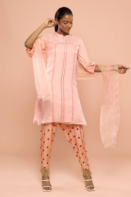 Buy_Mayu Kothari_Peach Satin Modal Hand Embroidered Polka Dots Patiala Pant _Online_at_Aza_Fashions