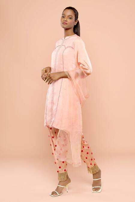 Shop_Mayu Kothari_Peach Satin Modal Hand Embroidered Polka Dots Patiala Pant _Online_at_Aza_Fashions