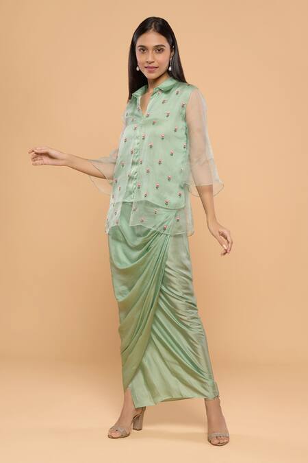Mayu Kothari Green Organza, Satin Embroidery Collared Rose Hand Shirt Online at Aza Fashions Mayu Kothari_Green Organza, Satin Embroidery Collared Rose Hand Shirt_Online_at_Aza_Fashions