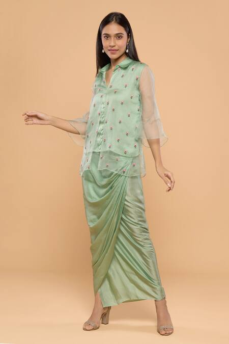 Mayu Kothari Green Organza, Modal, Satin Embroidery Collared Rose Shirt And Wrap Skirt Set Online at Aza Fashions Mayu Kothari_Green Organza, Modal, Satin Embroidery Collared Rose Shirt And Wrap Skirt Set_Online_at_Aza_Fashions