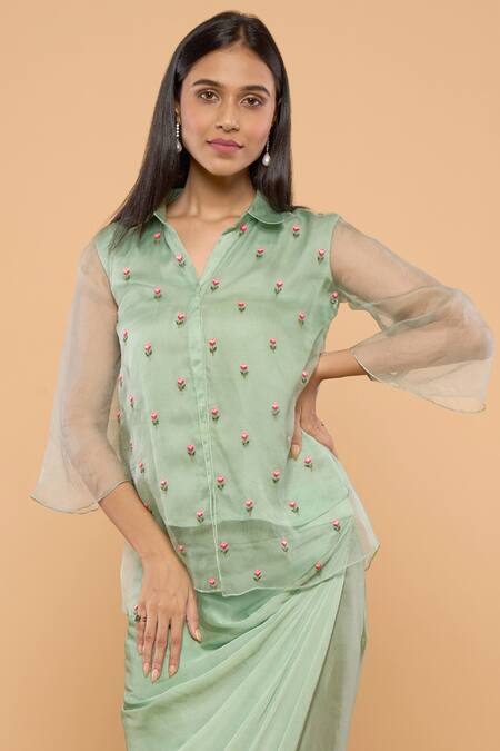 Buy Mayu Kothari Green Organza, Modal, Satin Embroidery Collared Rose Shirt And Wrap Skirt Set Online at Aza Fashions Buy_Mayu Kothari_Green Organza, Modal, Satin Embroidery Collared Rose Shirt And Wrap Skirt Set_Online_at_Aza_Fashions
