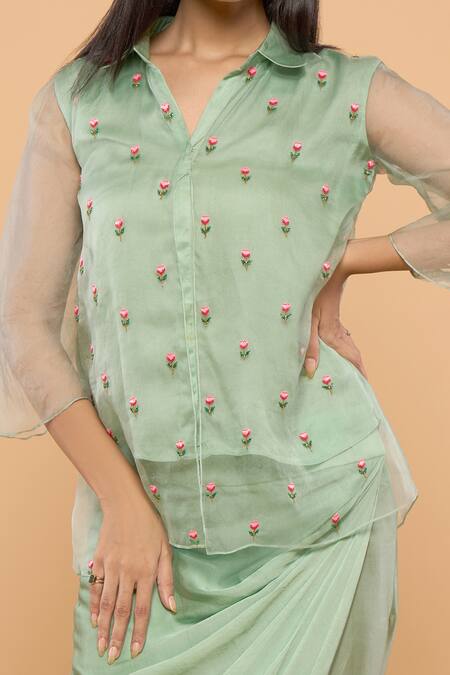 Shop Mayu Kothari Green Organza, Satin Embroidery Collared Rose Hand Shirt Online at Aza Fashions Shop_Mayu Kothari_Green Organza, Satin Embroidery Collared Rose Hand Shirt_Online_at_Aza_Fashions