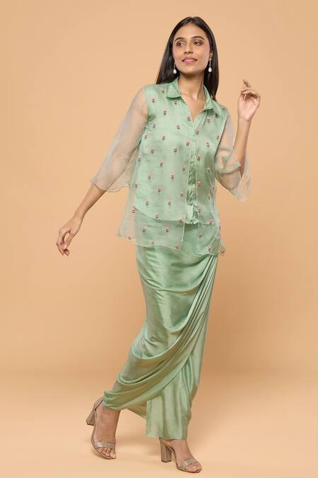 Shop Mayu Kothari Green Organza, Modal, Satin Embroidery Collared Rose Shirt And Wrap Skirt Set Online at Aza Fashions Shop_Mayu Kothari_Green Organza, Modal, Satin Embroidery Collared Rose Shirt And Wrap Skirt Set_Online_at_Aza_Fashions