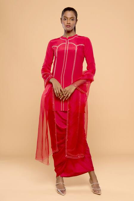 Mayu Kothari_Red Modal, Satin Draped Skirt_Online_at_Aza_Fashions