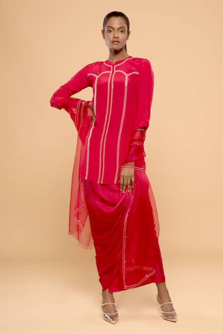 Buy_Mayu Kothari_Red Pure Crepe Hand Embroidered Sequins Kurta Wrap Skirt Set  _Online_at_Aza_Fashions