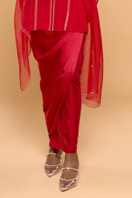 Shop_Mayu Kothari_Red Pure Crepe Hand Embroidered Sequins Kurta Wrap Skirt Set  _Online_at_Aza_Fashions
