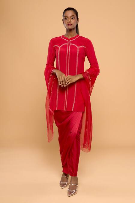 Mayu Kothari_Red Pure Crepe Hand Embroidered Sequins Kurta Wrap Skirt Set  _at_Aza_Fashions