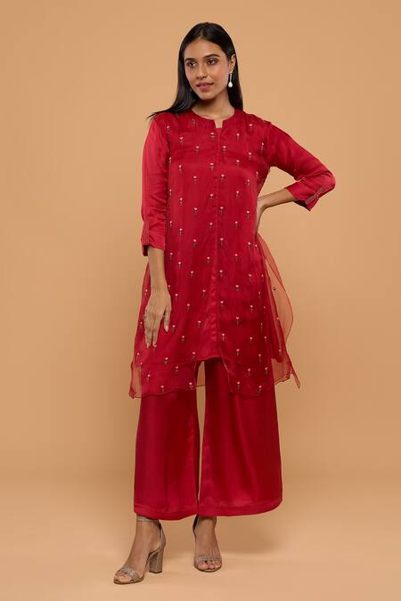 Buy_Mayu Kothari_Red Organza Hand Embroidered Roses Kurta And Palazzo Set _Online_at_Aza_Fashions