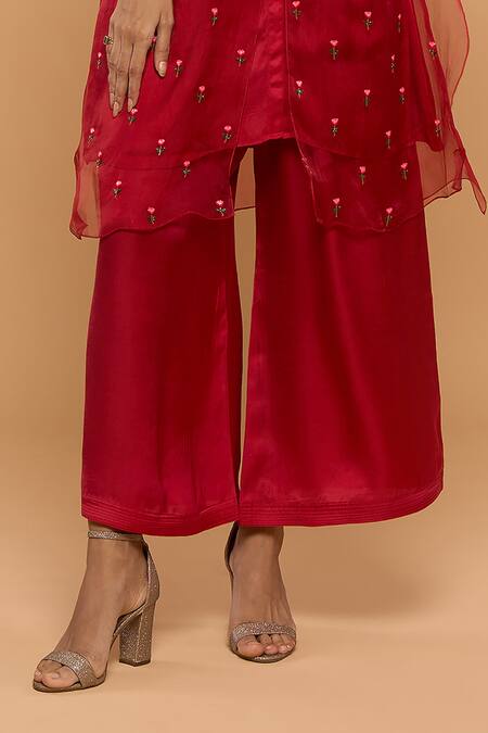Shop_Mayu Kothari_Red Organza Hand Embroidered Roses Kurta And Palazzo Set _Online_at_Aza_Fashions