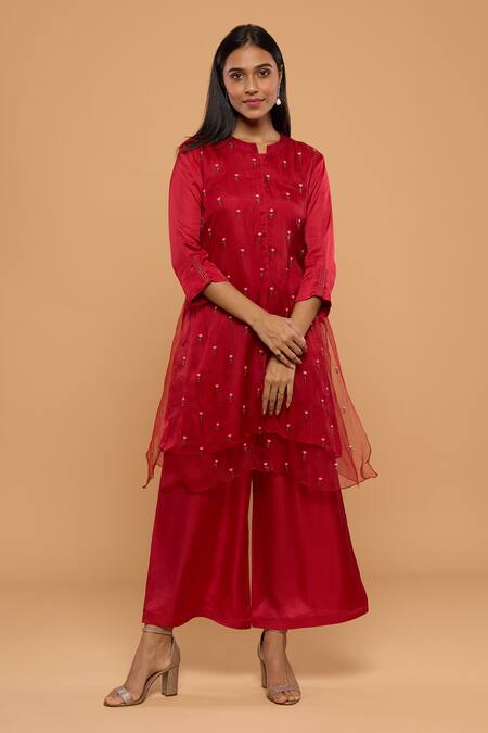 Buy_Mayu Kothari_Red Organza With Shantoon Hand Embroidered Roses Layered Kurta _Online_at_Aza_Fashions