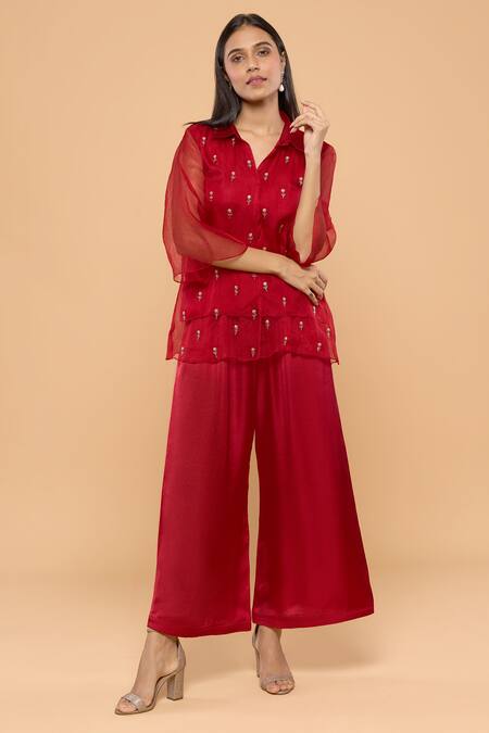 Buy Mayu Kothari Red Organza, Modal, Satin Embroidery Collared Rose Hand Shirt And Palazzo Set Online at Aza Fashions Buy_Mayu Kothari_Red Organza, Modal, Satin Embroidery Collared Rose Hand Shirt And Palazzo Set_Online_at_Aza_Fashions