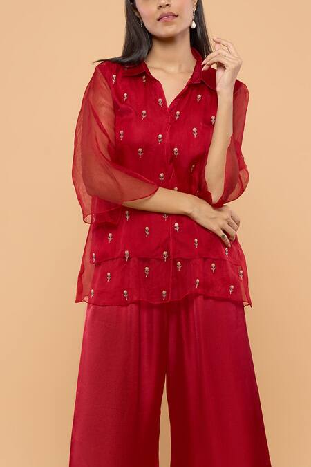 Mayu Kothari Red Organza, Modal, Satin Embroidery Collared Rose Hand Shirt And Palazzo Set Online at Aza Fashions Mayu Kothari_Red Organza, Modal, Satin Embroidery Collared Rose Hand Shirt And Palazzo Set_Online_at_Aza_Fashions