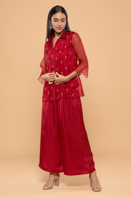 Shop Mayu Kothari Red Organza, Modal, Satin Embroidery Collared Rose Hand Shirt And Palazzo Set Online at Aza Fashions Shop_Mayu Kothari_Red Organza, Modal, Satin Embroidery Collared Rose Hand Shirt And Palazzo Set_Online_at_Aza_Fashions