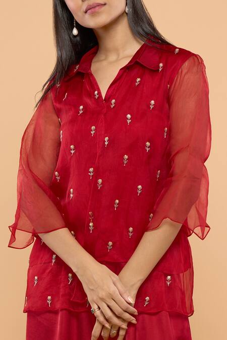 Buy_Mayu Kothari_Red Organza Embroidery Collared Layered Rose Hand Shirt_Online_at_Aza_Fashions