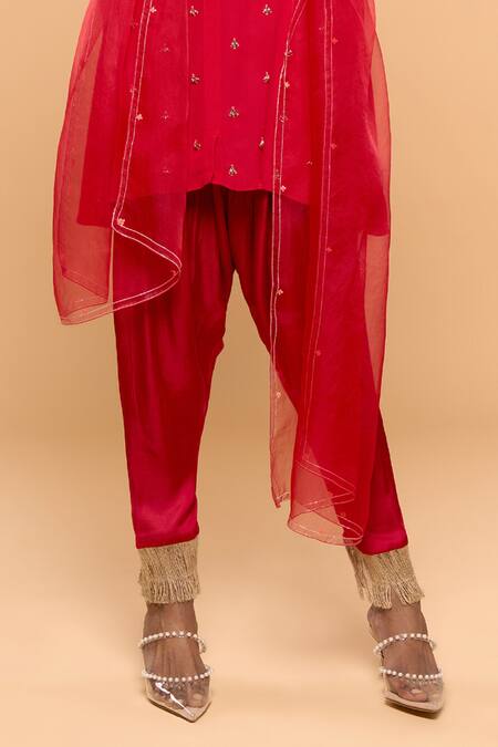 Mayu Kothari_Red Satin Modal Hand Embroidered Jute Tassels Patiala Pant _Online_at_Aza_Fashions