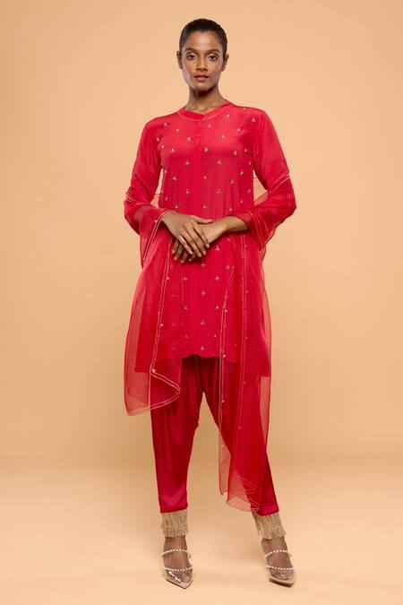 Buy_Mayu Kothari_Red Satin Modal Hand Embroidered Jute Tassels Patiala Pant _Online_at_Aza_Fashions