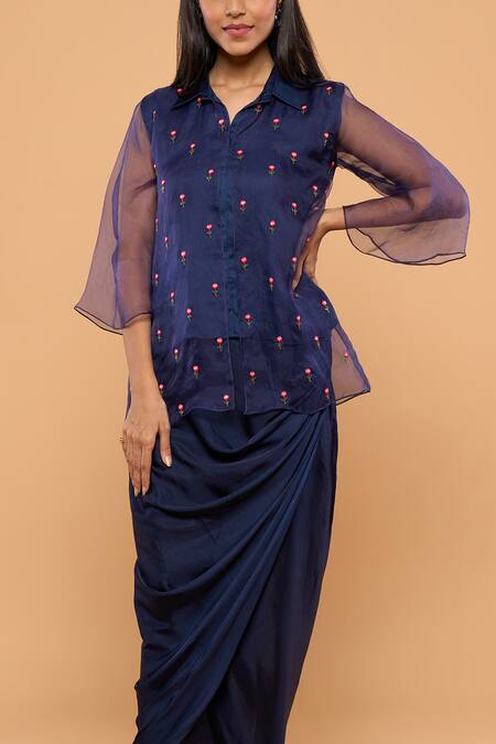 Buy_Mayu Kothari_Blue Organza Embroidery Collared Rose Shirt_Online_at_Aza_Fashions