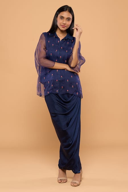 Shop_Mayu Kothari_Blue Organza Embroidery Collared Rose Shirt_Online_at_Aza_Fashions