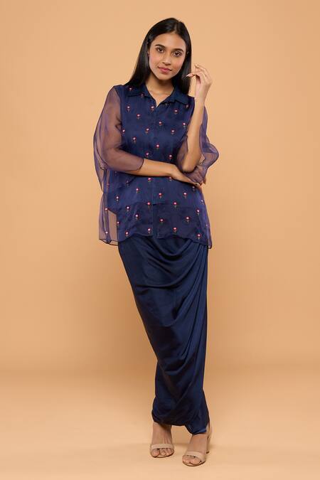 Mayu Kothari_Blue Organza, Modal, Silk, Satin Cut Rose Embroidered Shirt And Wrap Skirt Set_at_Aza_Fashions