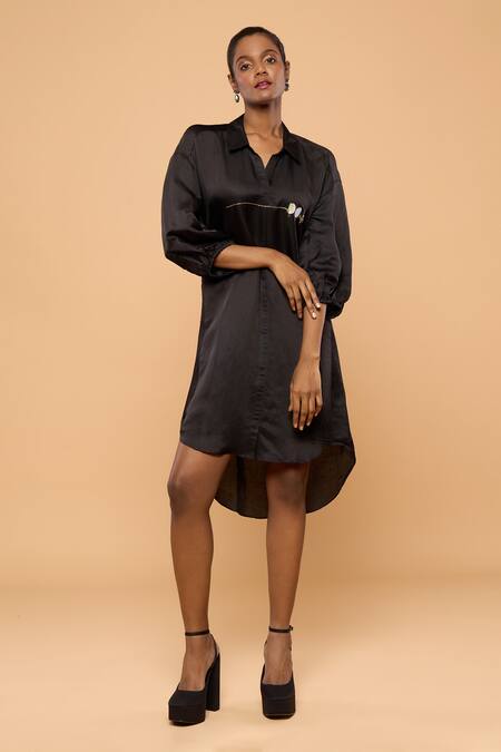 Mayu Kothari_Black Satin, Linen Embroidery Collared Hand Shirt Dress_Online_at_Aza_Fashions