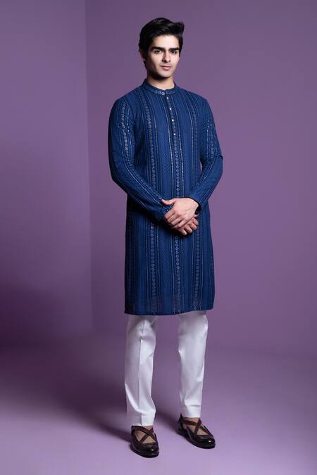 Shop_Contrast By Parth_Blue Georgette, Cotton Sequins Embellished Kurta With Pant_Online_at_Aza_Fashions