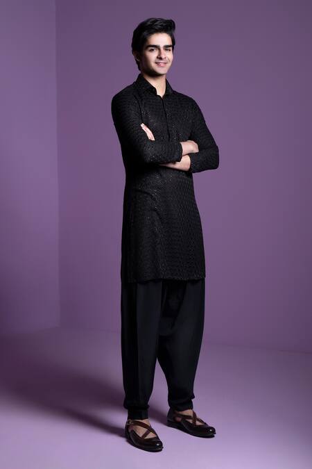 Buy_Contrast By Parth_Black Georgette Embroidery, Sequins Embellished Kurta With Salwar_Online_at_Aza_Fashions