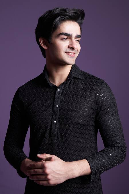 Shop_Contrast By Parth_Black Georgette Embroidery, Sequins Embellished Kurta With Salwar_Online_at_Aza_Fashions