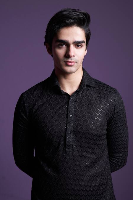 Contrast By Parth_Black Georgette Embroidery, Sequins Embellished Kurta With Salwar_at_Aza_Fashions