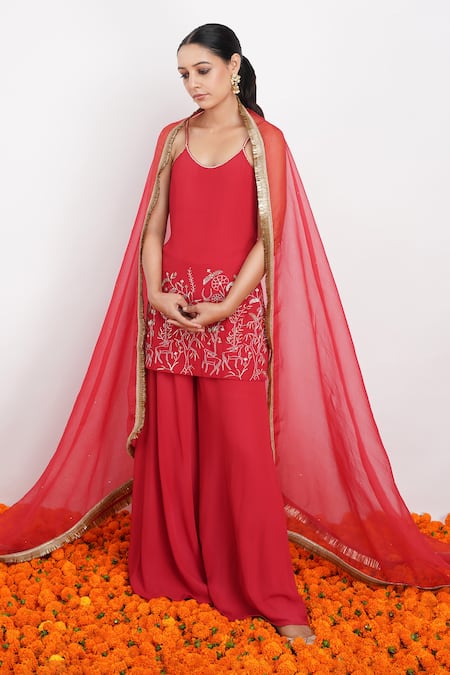 Rashi Jain_Red Viscose Georgette, Silk Organza Sequin And Lali Embroidered Kurta Palazzo Set _at_Aza_Fashions