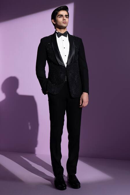 Shop Contrast By Parth Black Cotton, Silk Crystals, Embroidery Moonbeam Embellished Tuxedo Pant Set Online at Aza Fashions Shop_Contrast By Parth_Black Cotton, Silk Crystals, Embroidery Moonbeam Embellished Tuxedo Pant Set _Online_at_Aza_Fashions