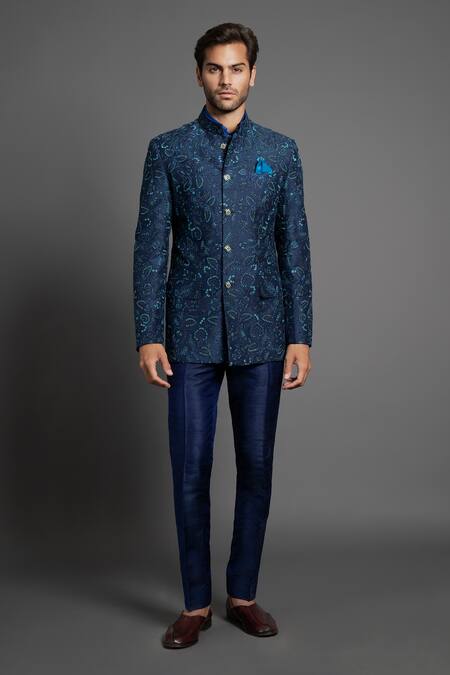 Raghavendra Rathore Jodhpur Blue Silk Embroidery Floral Bandhgala Online at Aza Fashions Raghavendra Rathore Jodhpur_Blue Silk Embroidery Floral Bandhgala _Online_at_Aza_Fashions