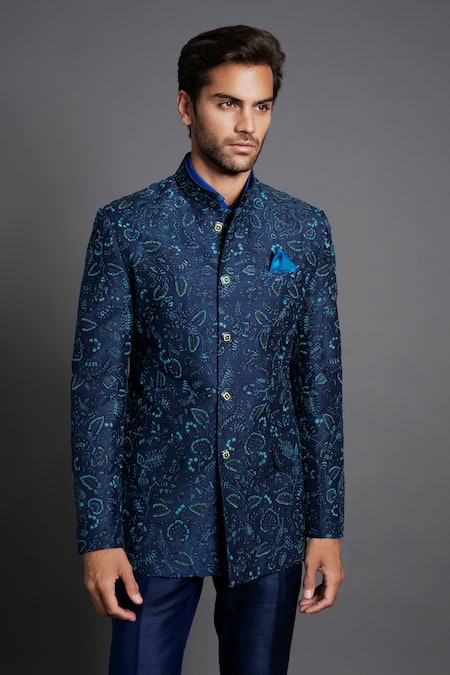 Buy Raghavendra Rathore Jodhpur Blue Silk Embroidery Floral Bandhgala Online at Aza Fashions Buy_Raghavendra Rathore Jodhpur_Blue Silk Embroidery Floral Bandhgala _Online_at_Aza_Fashions