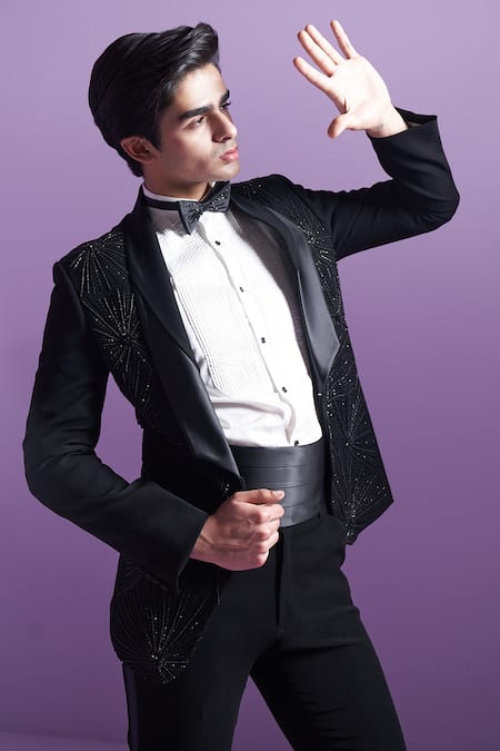 Contrast By Parth Black Cotton, Silk Crystals, Embroidery Moonbeam Embellished Tuxedo Pant Set at Aza Fashions Contrast By Parth_Black Cotton, Silk Crystals, Embroidery Moonbeam Embellished Tuxedo Pant Set _at_Aza_Fashions