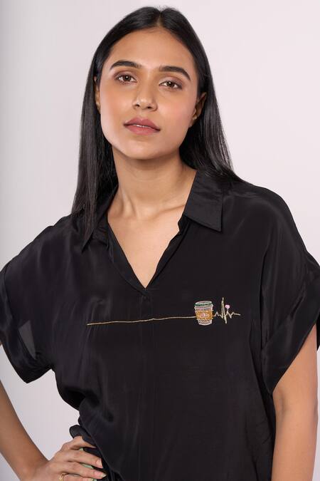 Buy_Mayu Kothari_Black Crepe Embroidery Collared The Coffee Short Sleeve Shirt_Online_at_Aza_Fashions