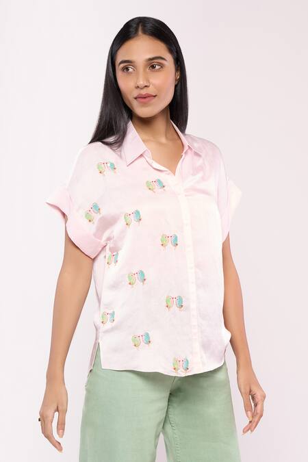 Mayu Kothari_Pink Satin, Linen Embroidery Shawl Neck Love Birds Pattern Apple Cut Shirt_Online_at_Aza_Fashions