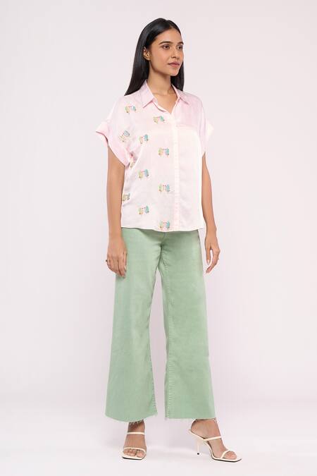 Buy_Mayu Kothari_Pink Satin, Linen Embroidery Shawl Neck Love Birds Pattern Apple Cut Shirt_Online_at_Aza_Fashions