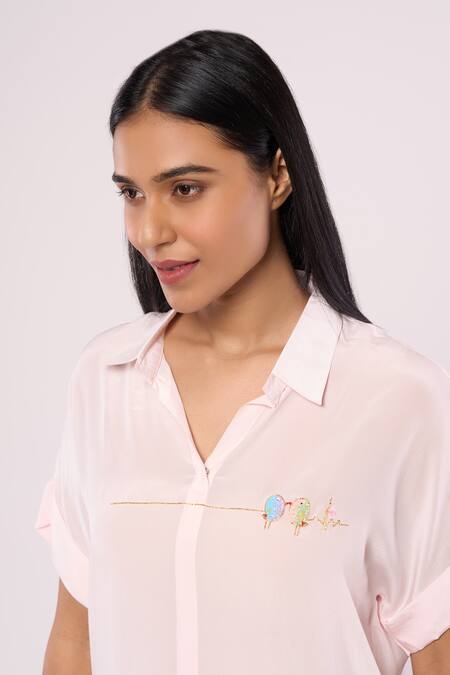 Buy_Mayu Kothari_Pink Crepe Embroidery Shawl Neck Placement Love Birds Shirt_Online_at_Aza_Fashions