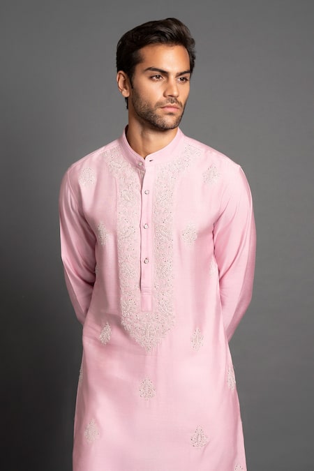 Shop Raghavendra Rathore Jodhpur Pink Silk Embroidery Floral Kurta Online at Aza Fashions Shop_Raghavendra Rathore Jodhpur_Pink Silk Embroidery Floral Kurta _Online_at_Aza_Fashions