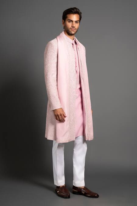Raghavendra Rathore Jodhpur_Pink Silk Embroidered Floral Front Open Achkan _Online_at_Aza_Fashions