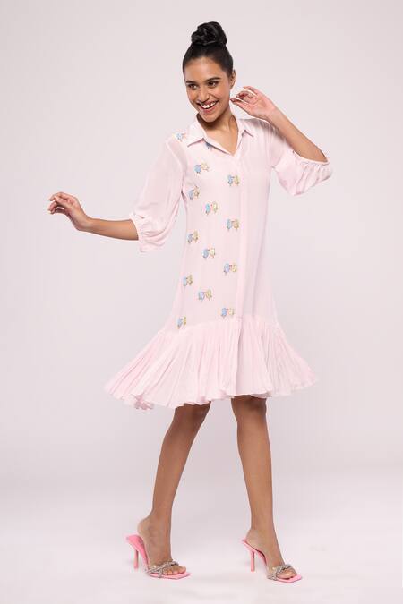 Mayu Kothari_Pink Crepe Embroidery Collared Love Birds Motif Shirt Dress_Online_at_Aza_Fashions