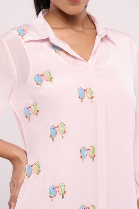 Buy_Mayu Kothari_Pink Crepe Embroidery Collared Love Birds Motif Shirt Dress_Online_at_Aza_Fashions