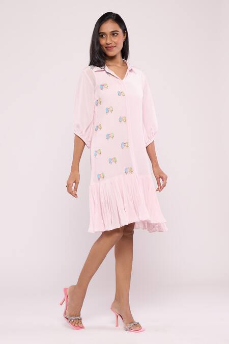 Shop_Mayu Kothari_Pink Crepe Embroidery Collared Love Birds Motif Shirt Dress_Online_at_Aza_Fashions