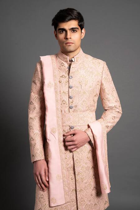 Raghavendra Rathore Jodhpur Pink Silk Embroidery Mural Achkan Online at Aza Fashions Raghavendra Rathore Jodhpur_Pink Silk Embroidery Mural Achkan _Online_at_Aza_Fashions