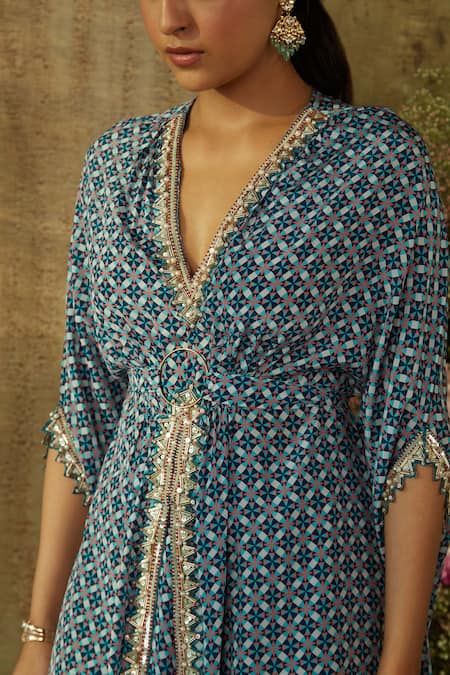 Ria Shah Label Blue Polyester, Crepe Sequins, Geometric Print Gathered Kaftan With Flared Pant Online at Aza Fashions Ria Shah Label_Blue Polyester, Crepe Sequins, Geometric Print Gathered Kaftan With Flared Pant _Online_at_Aza_Fashions